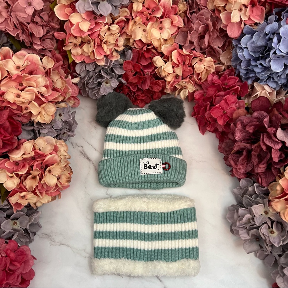 Infant Baby Mint Green Striped Winter Hat & Ring Scarf Set - Picture 3 of 15